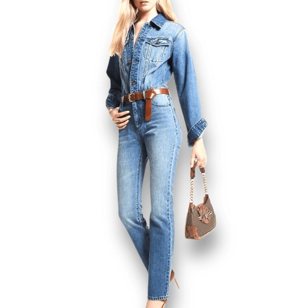 Michael Kors Denim Utility Jumpsuit Medium Wash One Piece Long Sleeve XS Classic